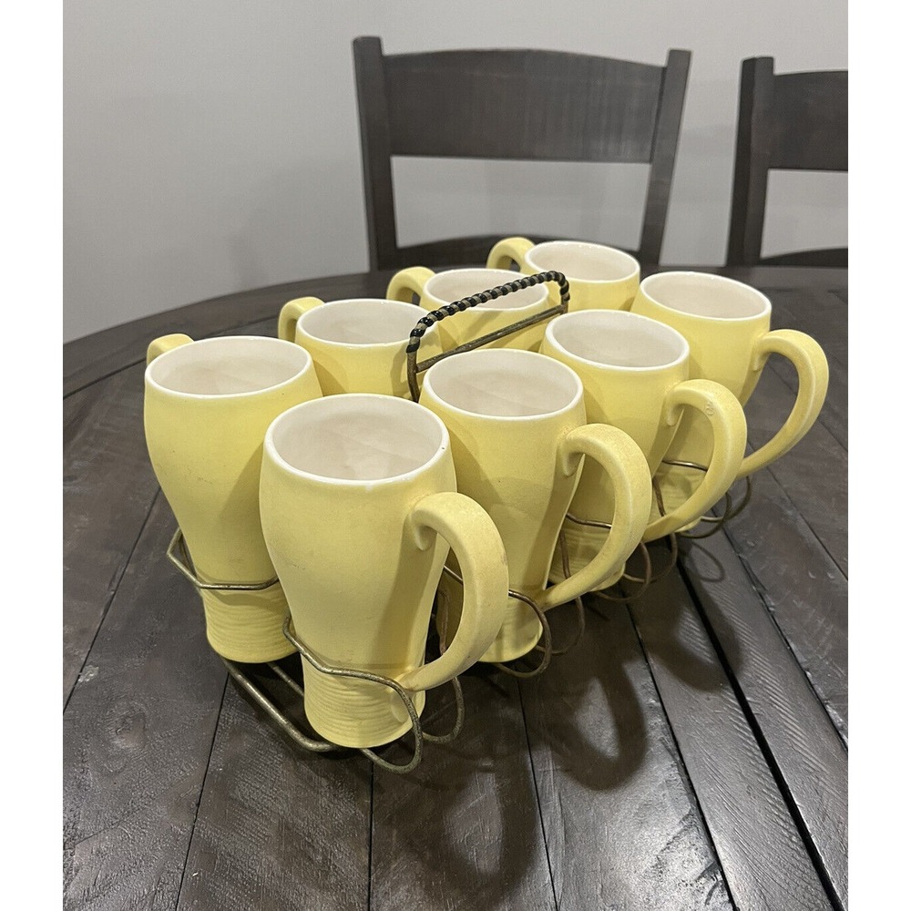 McCoy Pottery‎ Citroramics Yellow 229 Tumbler Set Carrier 8 Coffee Mugs Rare
